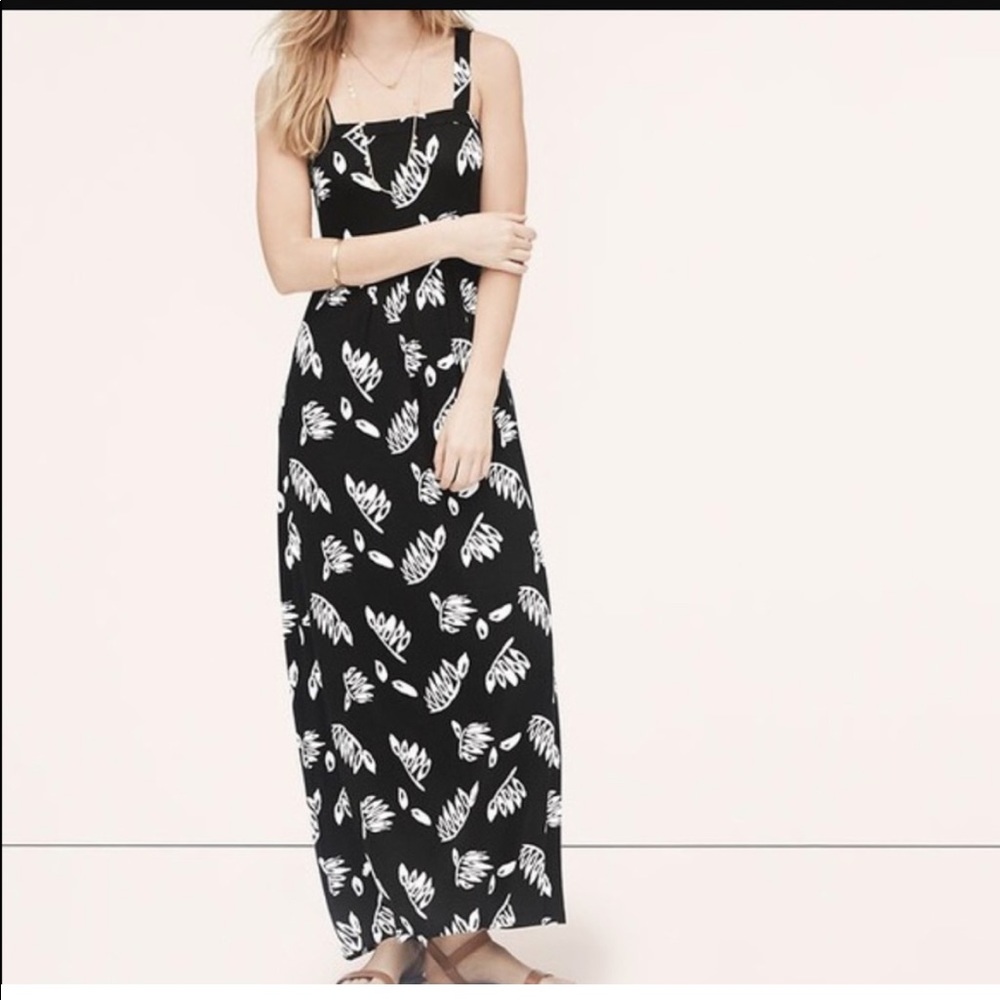 NWT Loft boho leaf print jersey knit maxi dress black white floral‎ stretch XS